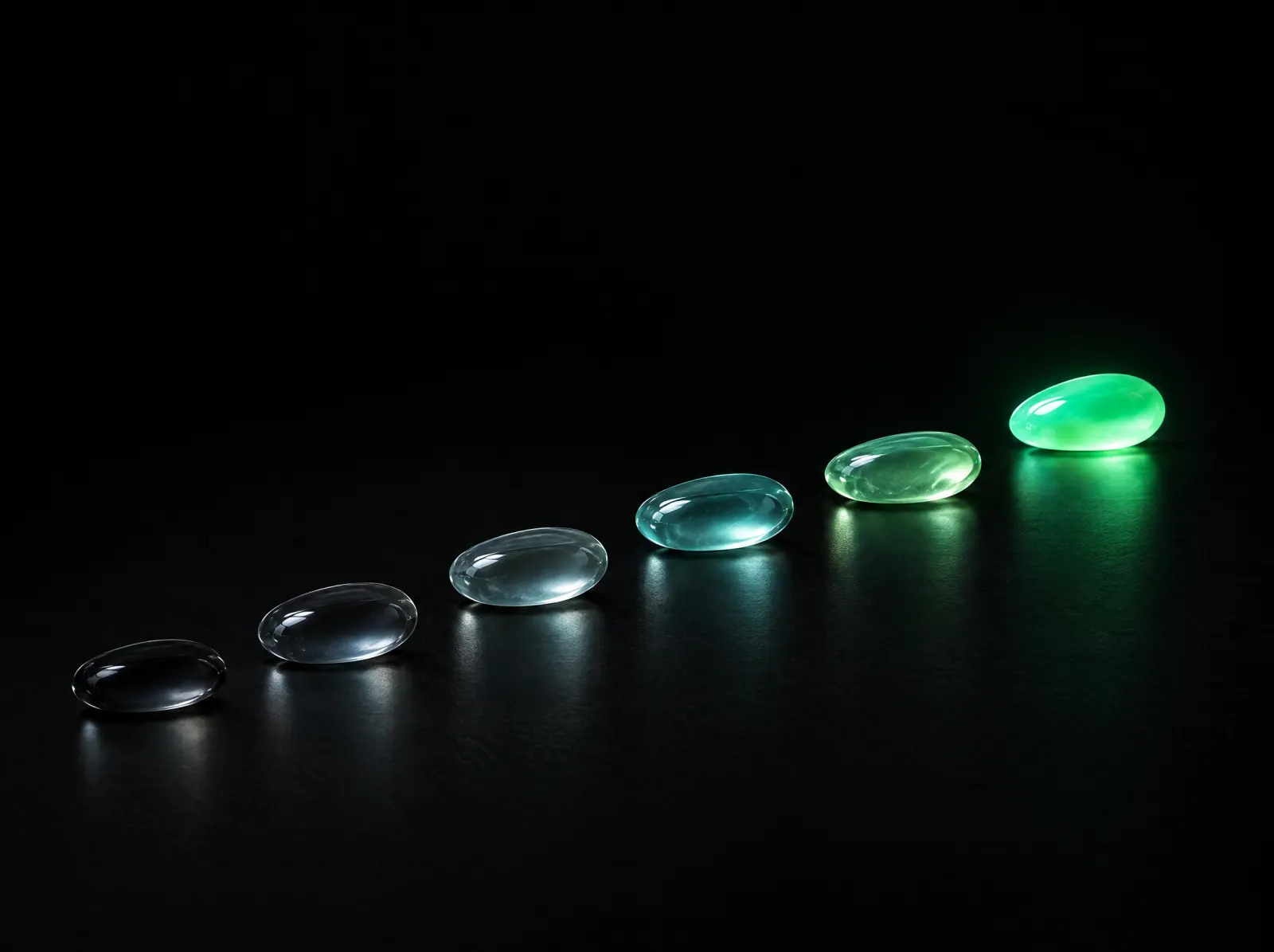 Glass stones glowing progressively brighter, evoking a learning path