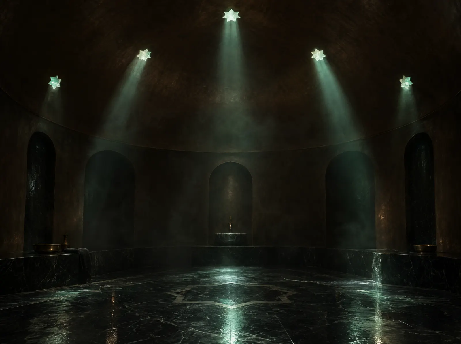 Traditional hammam dome with star-shaped skylights and beams of light
