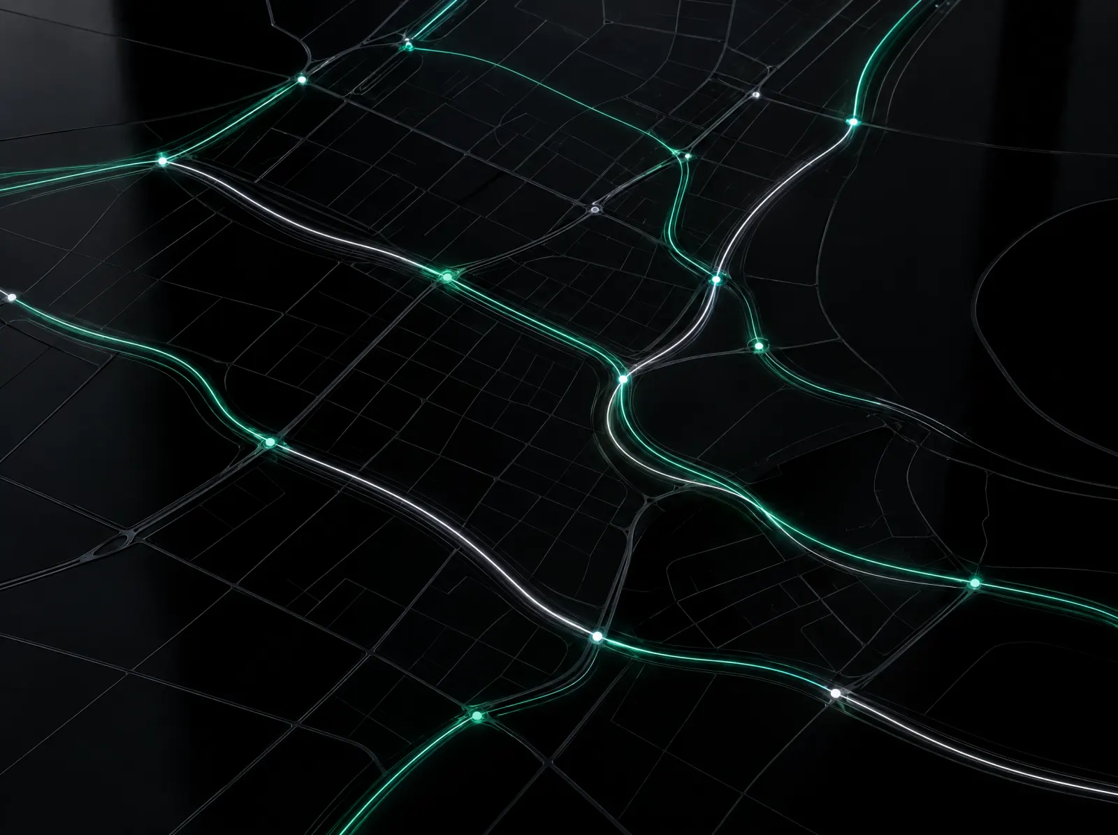 Light trails flowing along optimized routes over a dark city grid