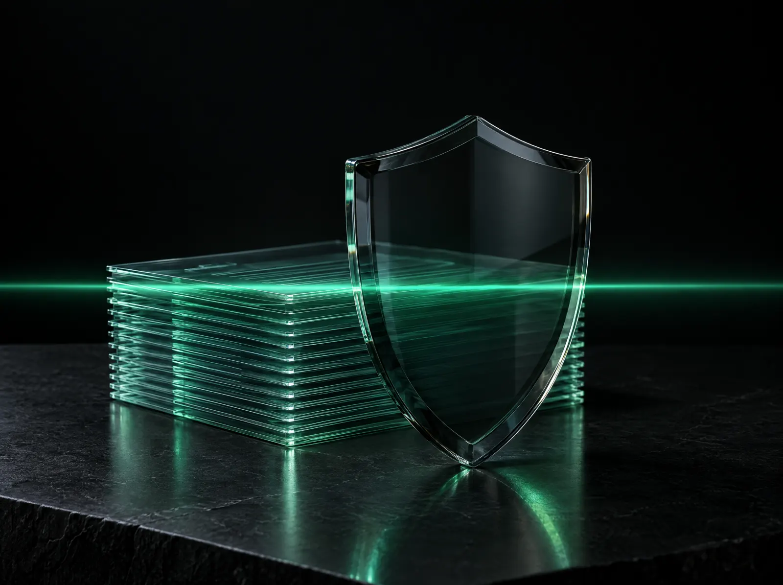 Glass shield in front of a stack of documents, crossed by a scanning light