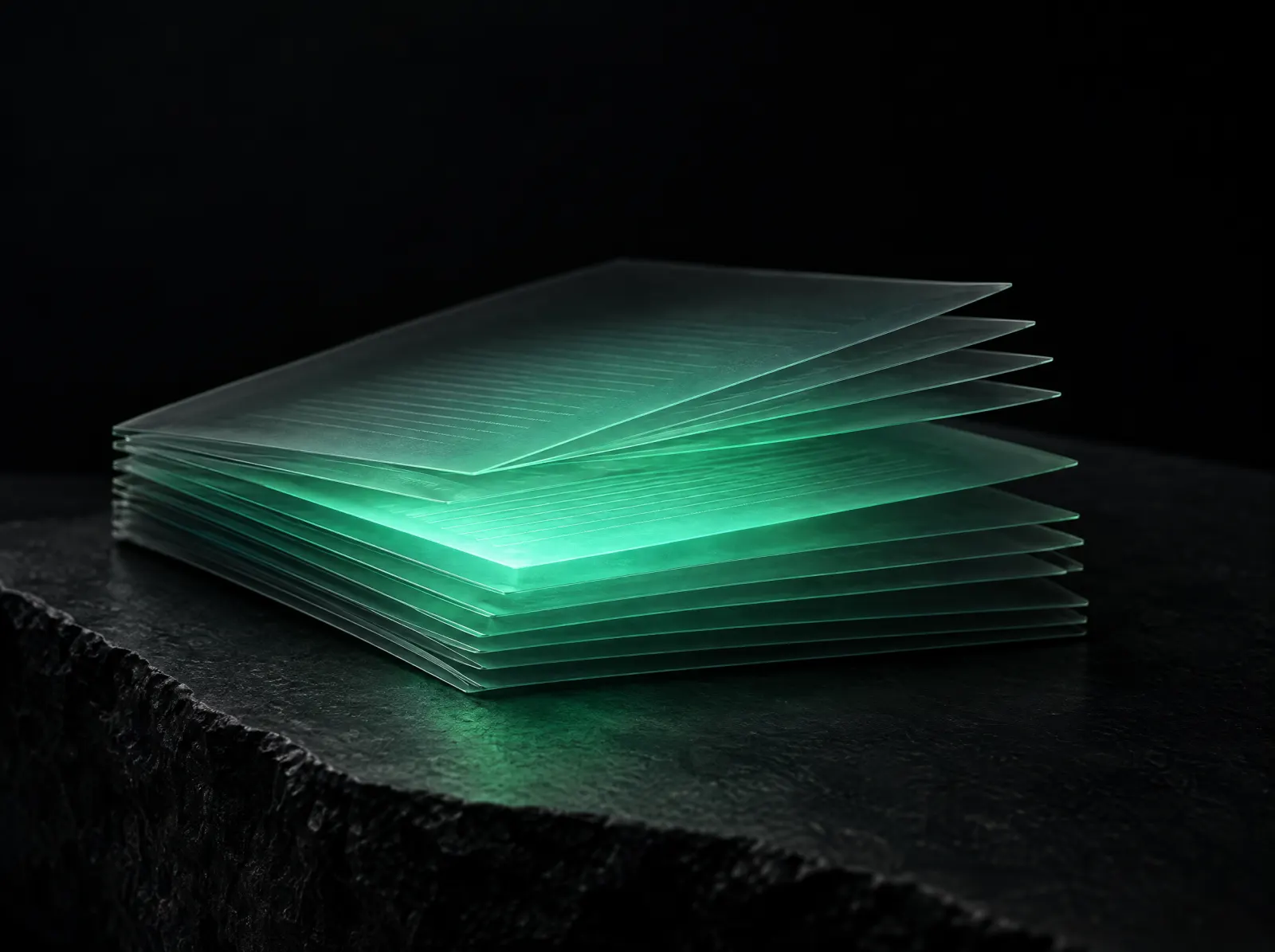 Stack of glowing glass pages representing SmartDoc AI's document corpus