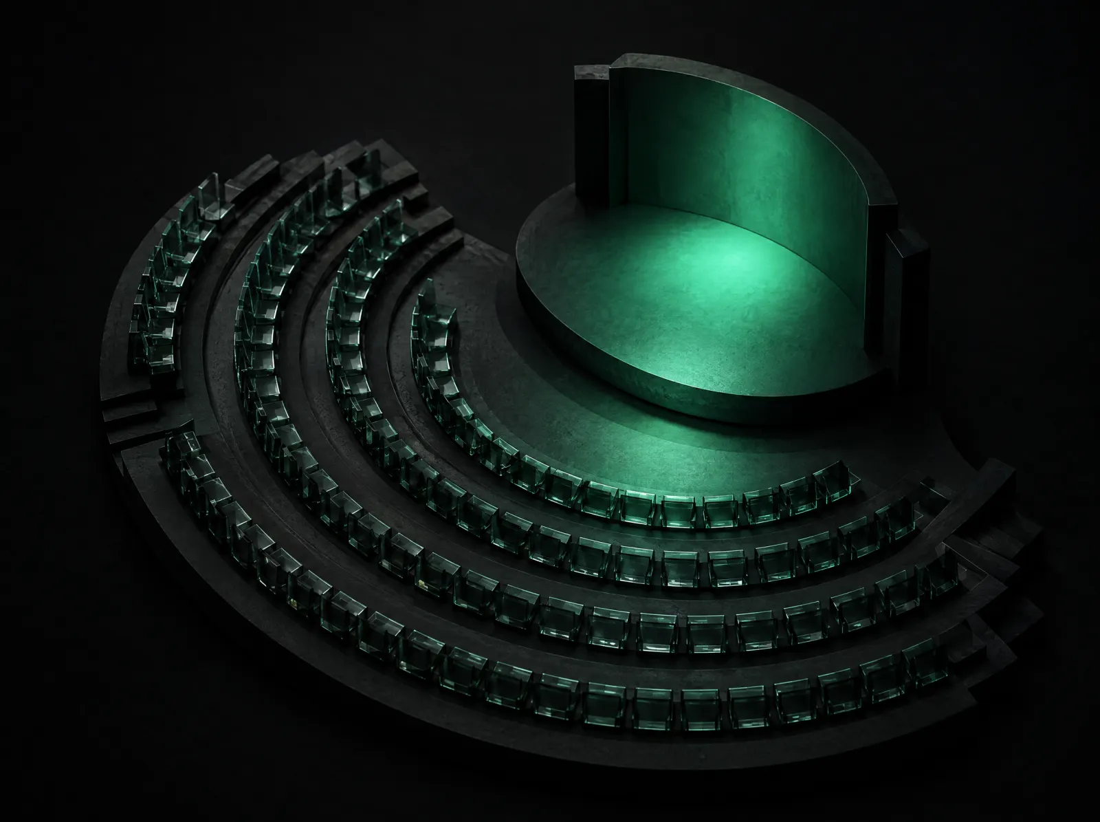 Miniature amphitheatre of glass seats facing a lit stage